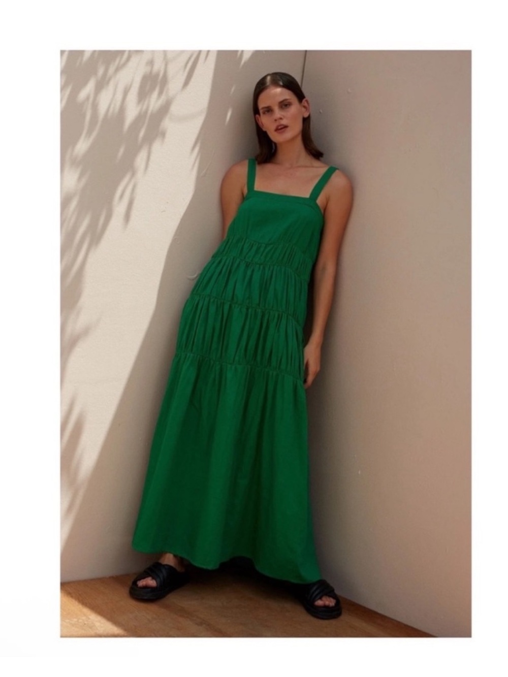New! Rue Stiic Elsa Linen Tiered Flowy Summer Maxi Dress in French Green - Picture 5 of 13